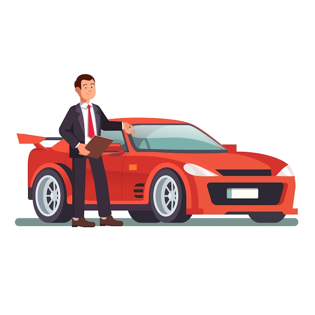 Vettore gratuito rivenditore di automobili che mostra una nuova auto sportiva rossa