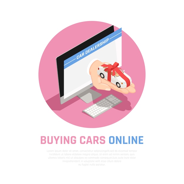 Car dealership concept with buying cars online symbols isometric