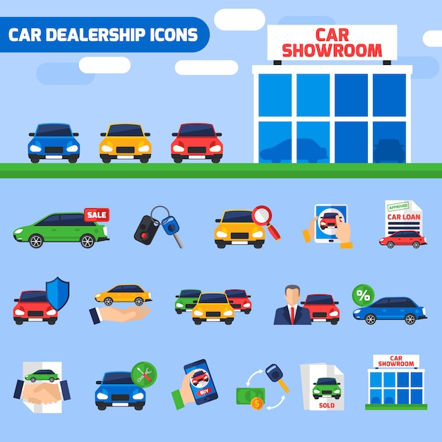 Free vector car dealership flat icons composition banner