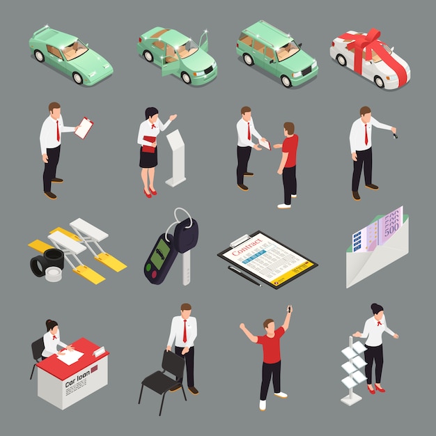 Car dealership icons set with car sale  symbols isometric isolated
