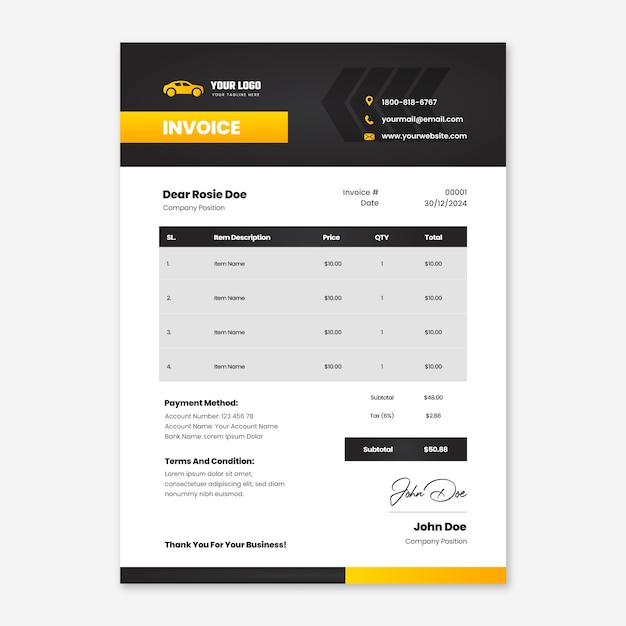 Free vector car dealership invoice template