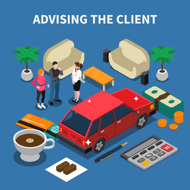 Free vector car dealership isometric composition with conceptual images of car money and human characters with furniture items