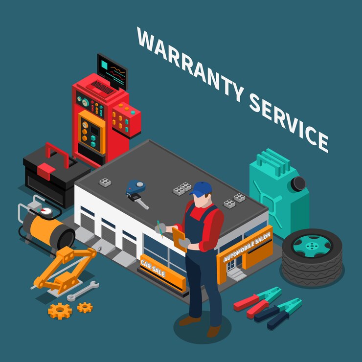 Free Vector car dealership isometric composition with warranty service building and character of repairman with instruments and text