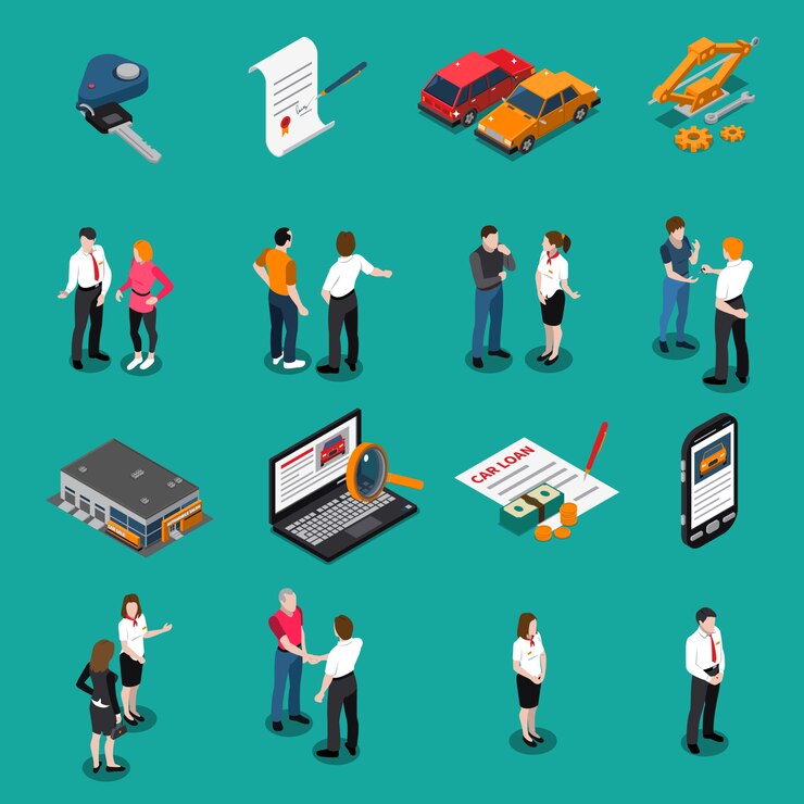 Free Vector car dealership isometric icons set