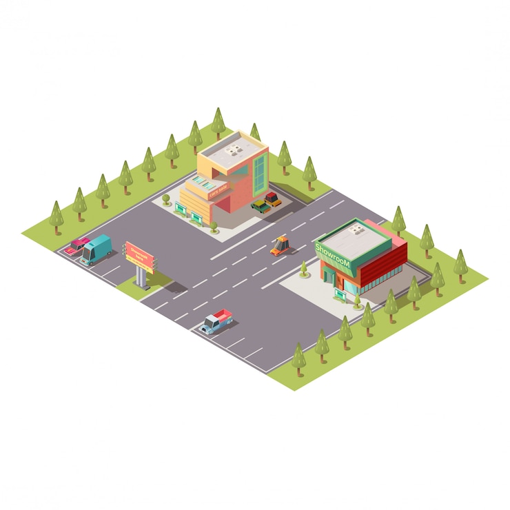 Free Vector car dealership showroom buildings isomeric vector