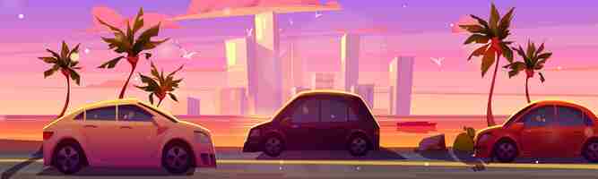 Бесплатное векторное изображение Поездка на автомобиле по морской дороге с видом на закат небоскреба