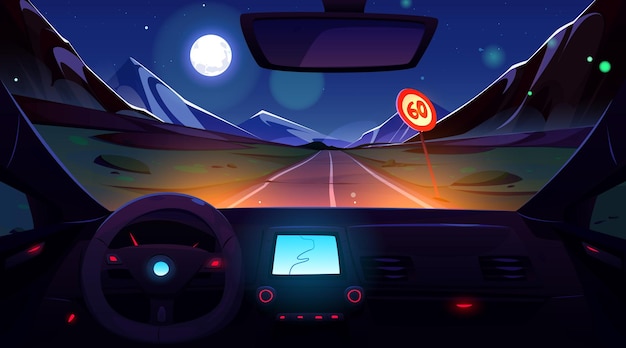 Free vector car driving mountain road at night