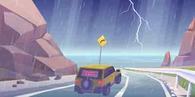 Free vector car driving on road to sea beach in rain