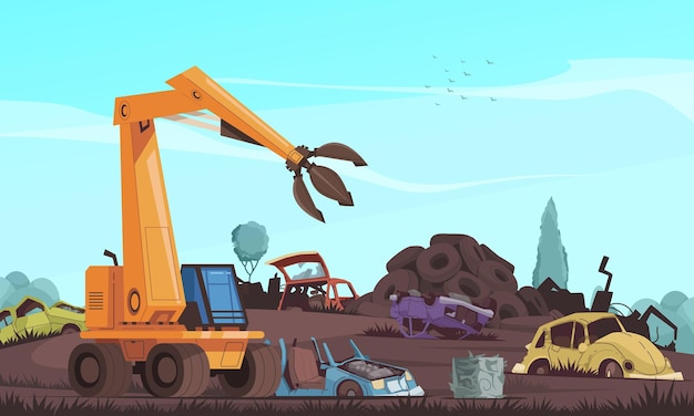 Free vector car dump cartoon composition with crushed auto landfill vector illustration