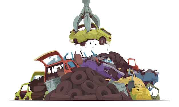 Бесплатное векторное изображение Концепция карикатуры на автомобильную свалку с векторной иллюстрацией автоматического дробильного оборудования