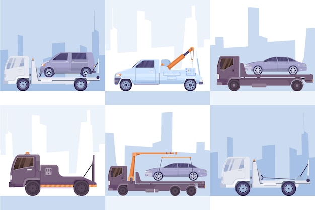 Эвакуация автомобилей шесть квадратных композиций набор городских эвакуаторов, буксируемых автомобильным транспортом, плоские векторные иллюстрации