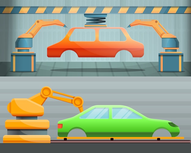 自動車工場のイラスト漫画のスタイルの設定 プレミアムベクター 自動車工場のイラスト漫画のスタイルの設定 プレミアムベクター