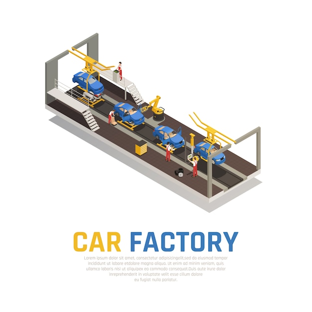 Free vector car factory isometric composition