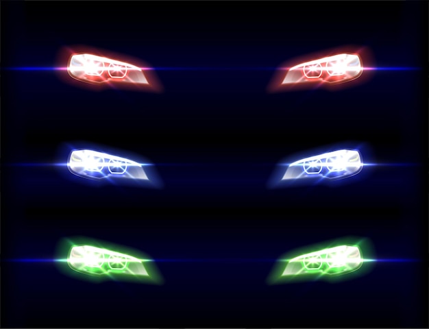 Free vector car front lights in different color shades on black