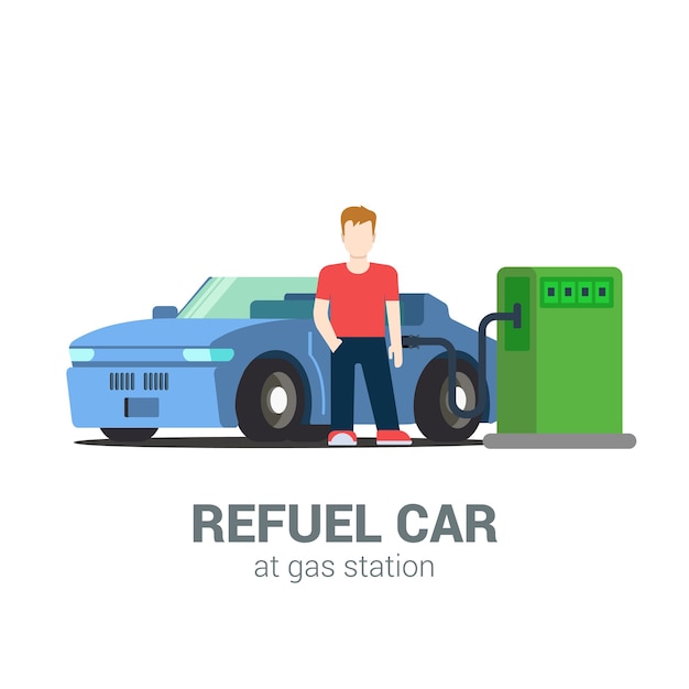 Car fuel refill process at gas refuel station. Young man and cabriolet. Flat style modern professional job related  man workplace objects. People at work collection.