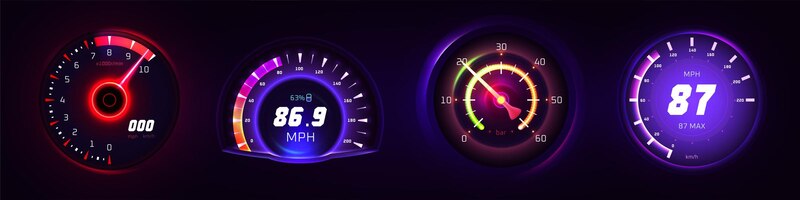 Free vector car glowing speedometer odometer and neon tachometer for vehicle panel
