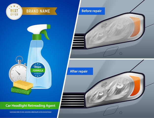 Free vector car headlight restoration kit advertisement realistic compositions with cleaning agent spray sponges before after