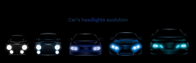 Car headlights evolution, glowing front headlamps banner