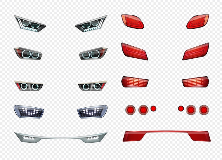 Free Vector car headlights realistic transparent icon set different type style and color of headlights illustration
