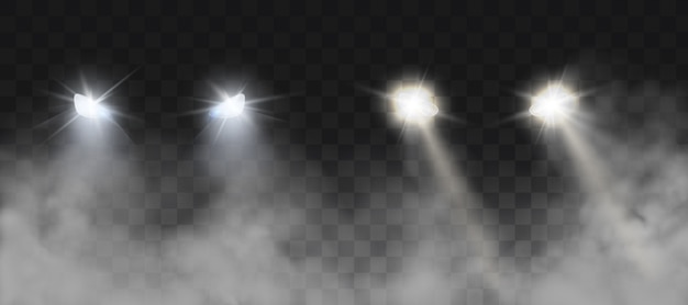 Free vector car headlights shining on road in fog at night