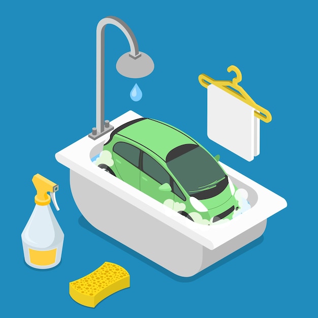 Бесплатное векторное изображение Автомобиль в ванной, ванна, душ, губка, моющее средство, моющее средство, чистящая пена, пенная