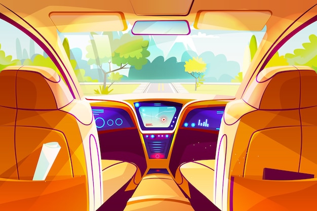 Car inside illustration of smart autonomous automobile cartoon design of vehicle dashboard