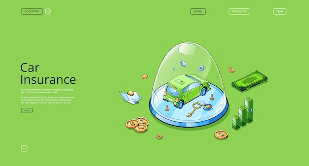 Car insurance isometric landing page auto stand under glass dome paper policy document money and key...