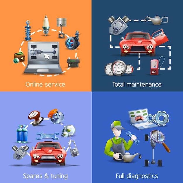 Car maintenance cartoon icons set