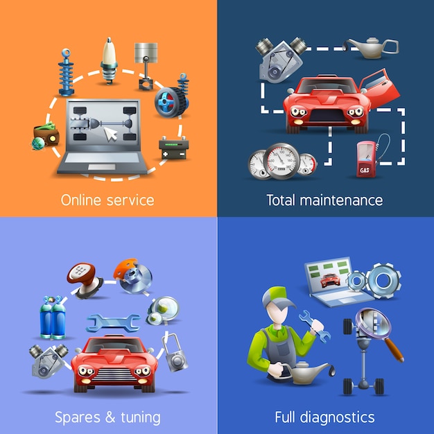 무료 벡터 자동차 유지 보수 만화 아이콘 세트