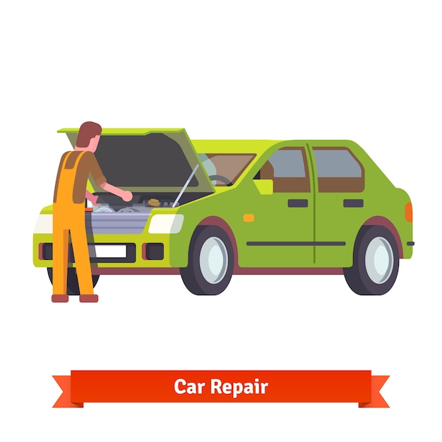 車の修理でエンジンを点検する自動車整備士
