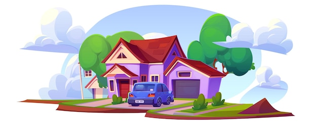 Car parked near house with green garden