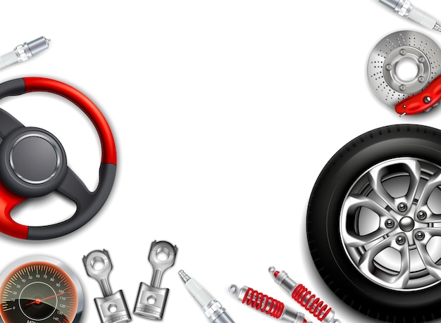 Car parts background with realistic images of alloy disks steering wheel shock absorbers with empty space