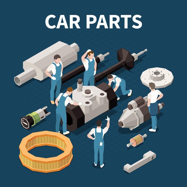 Car parts concept with service and repair symbols isometric  illustration