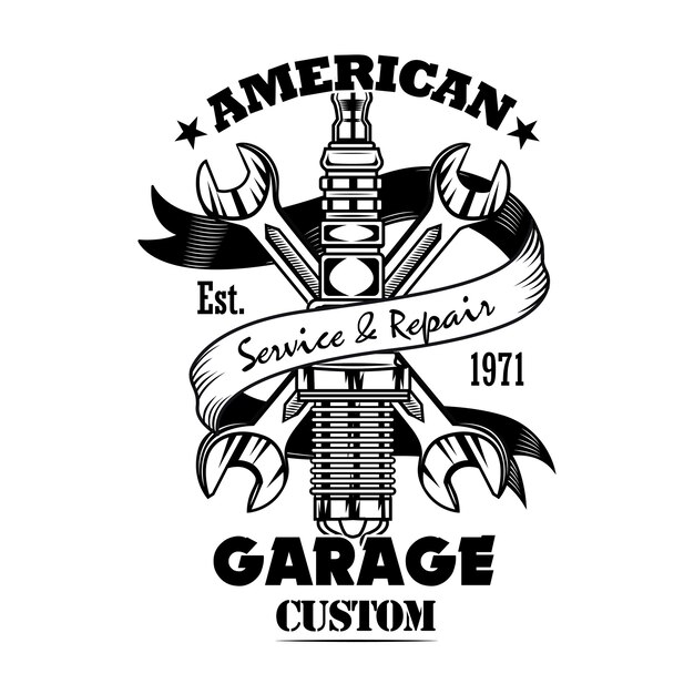 Car parts and spanners vector illustration. Chrome spark plug, crossed wrenches, garage custom text. Car service or garage concept for emblems or labels templates