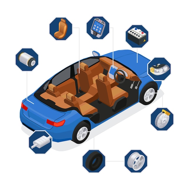 Car parts spares isometric composition with round icons of spare details surrounding automobile with inside view vector illustration