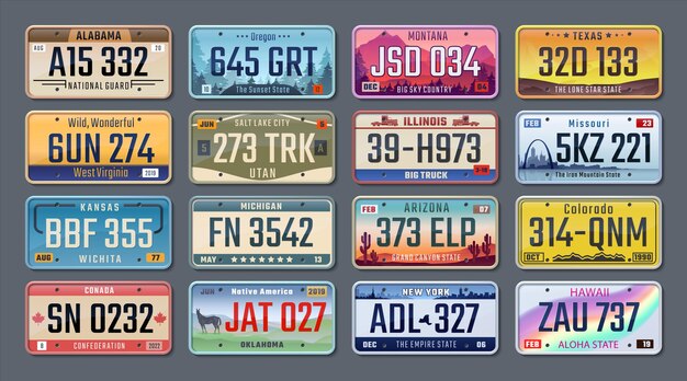 アメリカの自動車登録番号とナンバープレート プレミアムベクター