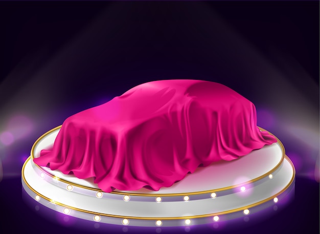 Car presentation, auto covered with veil on stage