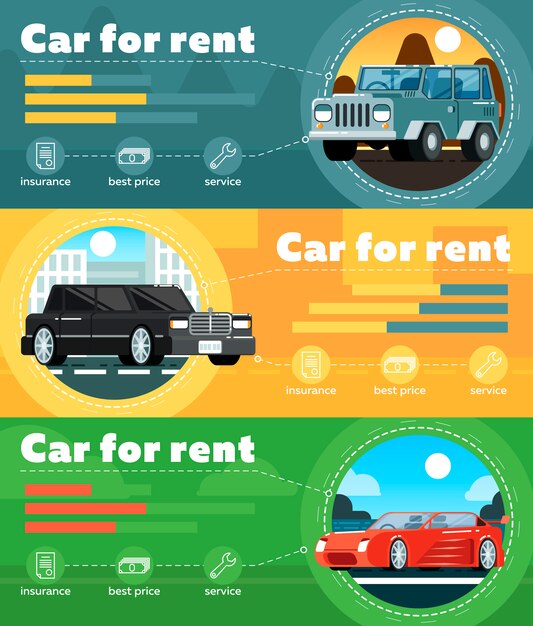 Car for rent banner set in flat design