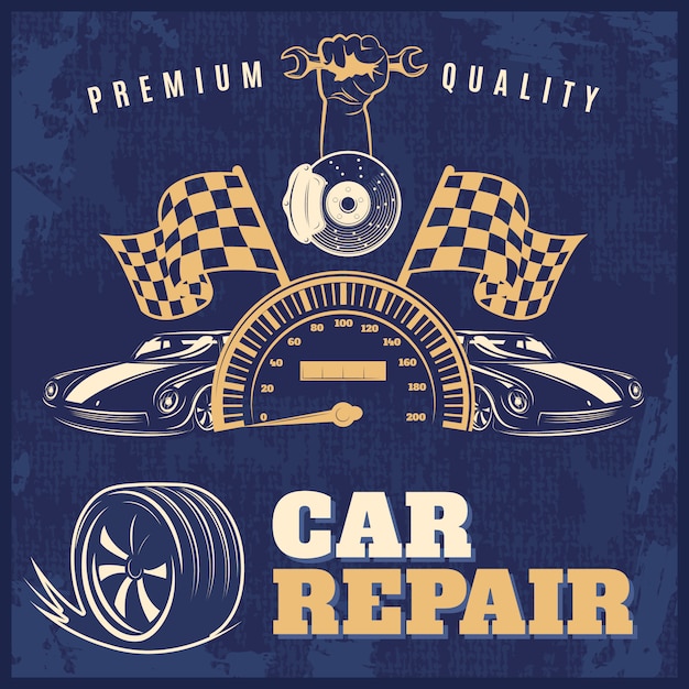 Ремонт автомобилей синий ретро иллюстрация с заголовками премиум качества и ремонт автомобилей вектор