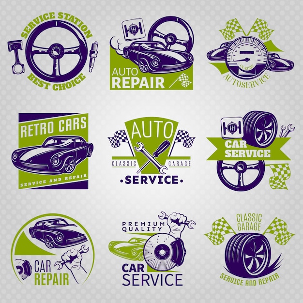 Car repair in color emblem set on service station best choice and different slogans vector illustration