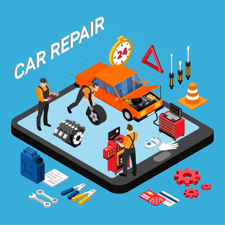 Free Vector car repair isometric concept with spare parts and tools vector illustration