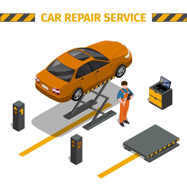 車の修理サービスまたはタイヤサービスのアイソメトリック3Dイラスト