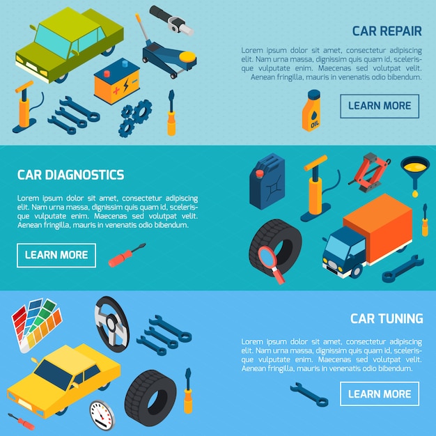 Car repair tuning isometric banners set