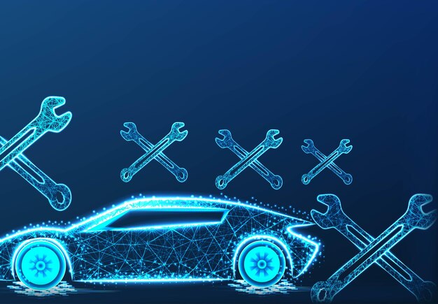 Car repairing form lines and triangles point connecting network on blue background  vector Illustration