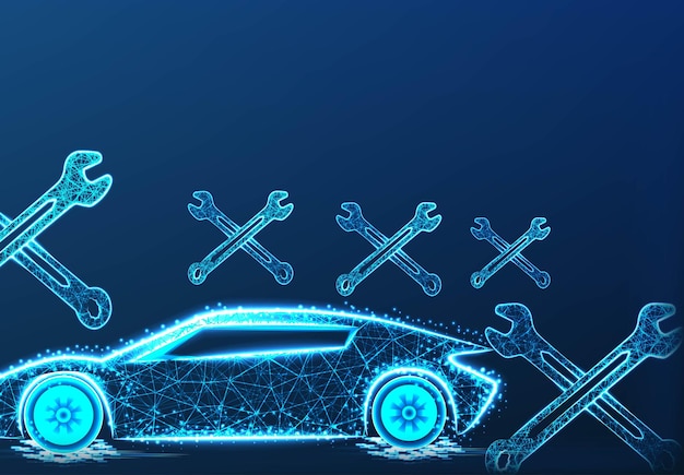 車の修理フォームの線と三角形は、青い背景のベクトル図のネットワークを接続をポイントします。