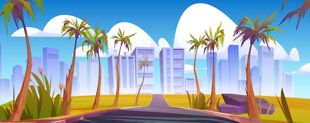 Free vector car road to city with palm trees