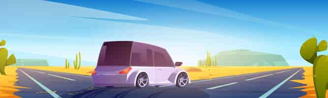 Free vector car on road fork in desert. concept of direction choice, make decision, choose path. vector cartoon illustration of hot desert landscape with sand, cactuses, highway crossroad and suv vehicle