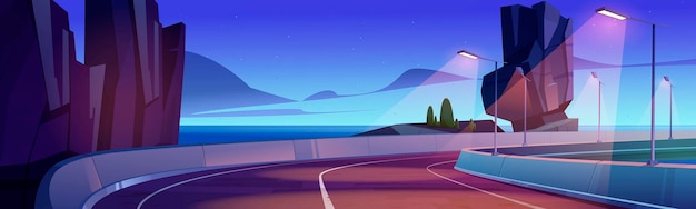 Free vector car road on sea shore at sunset or sunrise