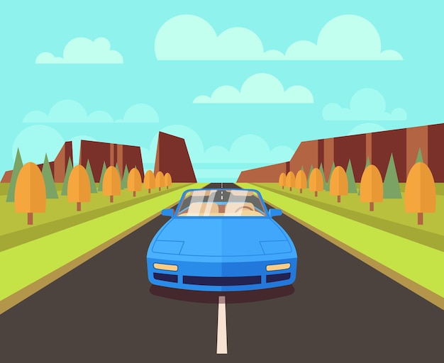 Free vector car on road with outdoor landscape in flat style