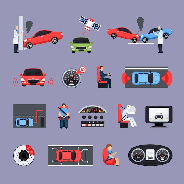 Vettore gratuito set di icone di sistemi di sicurezza per auto